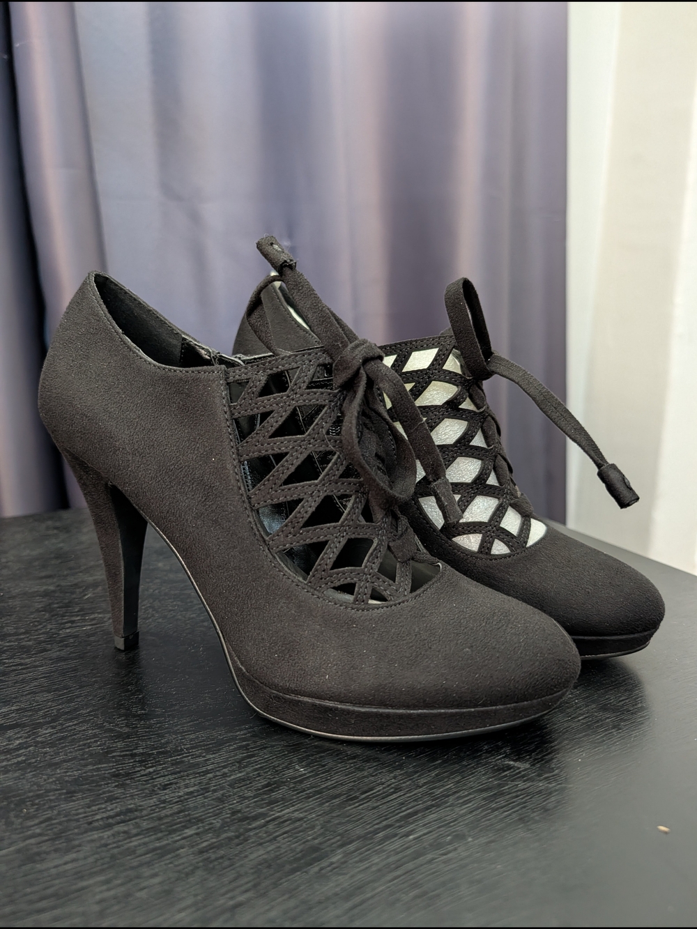 Impo Black Lattice Cutout High Heel Booties